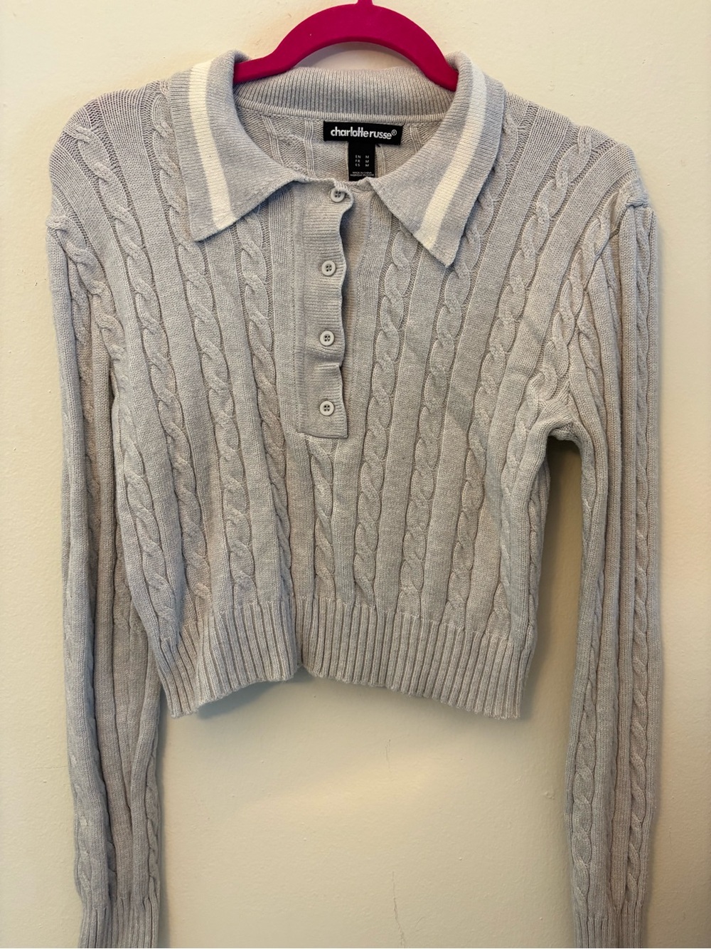 Charlotte Russe Light Gray Cable Knit Polo Cardigan